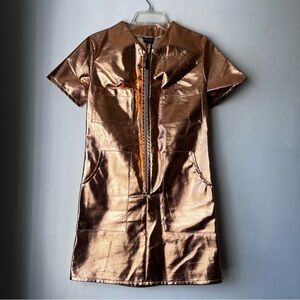 Matrushka Construction Copper Faux Leather Short Sleeve A-line Dress S